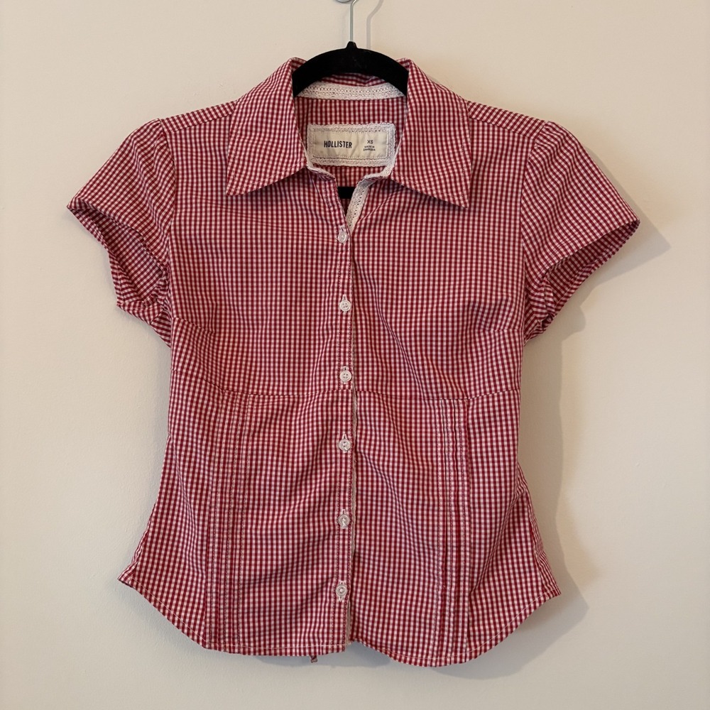 Hollister Red Gingham Tie Back Button Up Top XS Cottage Western Country Crochet